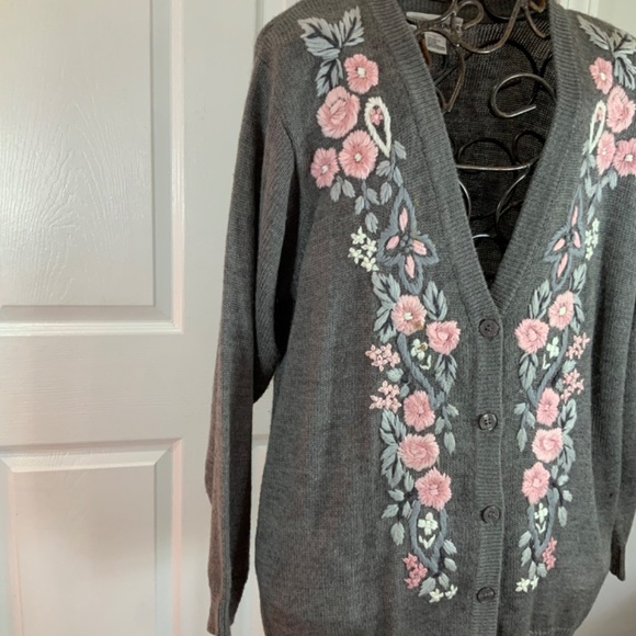 Alfred Dunner Embroidered Vintage 90s Floral Wool Cardigan Size L - Picture 4 of 9
